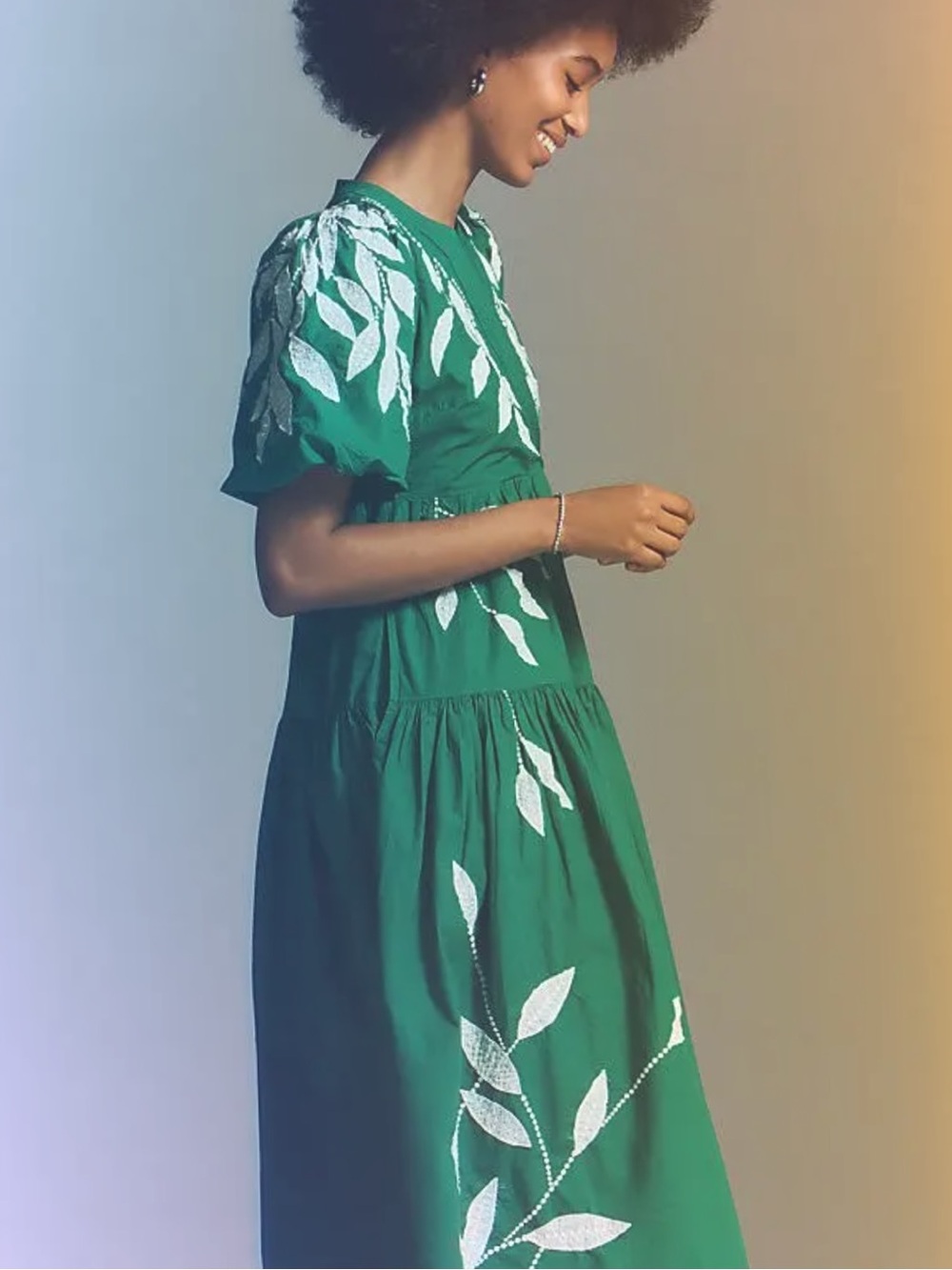 Anthropologie Shirt-Sleeve Applique Embroidered Green Puff-Sleeve Midi Dress - Picture 2 of 4